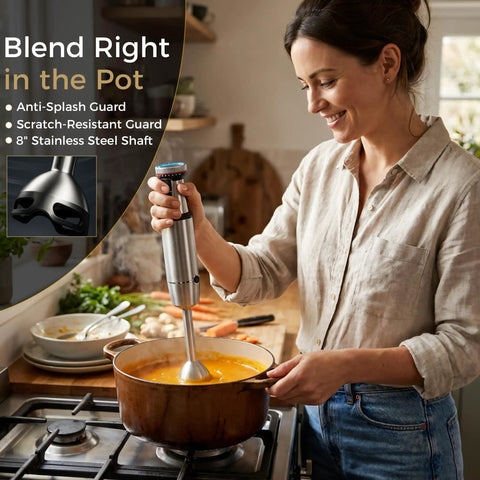Workhorse Immersion Blender With 1200W Motor Four Blade Stainless Steel Mixing Wand in pot blending thick soup.