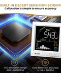 Top Shelf CO2 Monitor For Home Air Quality Tracker measuring real time temperature humidity levels on a digital display with sensor.