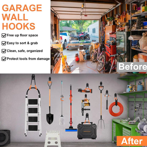 Before and after using Heavy Duty Garage Hooks Set 20 Pack Wall Mount Utility Hangers For Organization Tool And Ladder Storage.