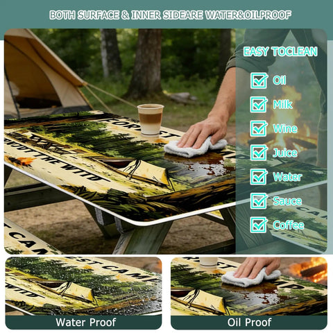 3 Piece Fitted Picnic Table Cover Set For Outdoor 6ft Tables And Benches, Waterproof Windproof With Elastic Edges, shown in use.