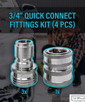 MTM Hydro 4-piece 3/4" quick-connect garden hose fittings kit; three adapters and one coupling, stainless steel.