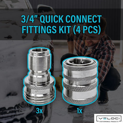MTM Hydro 4-piece 3/4" quick-connect garden hose fittings kit; three adapters and one coupling, stainless steel.