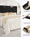 Straight Up Comfortable Full Bed Frame With Built In Charging Station And Storage Shelf Sleek Black Velvet Wingback Headboard close-up of headboard and slats