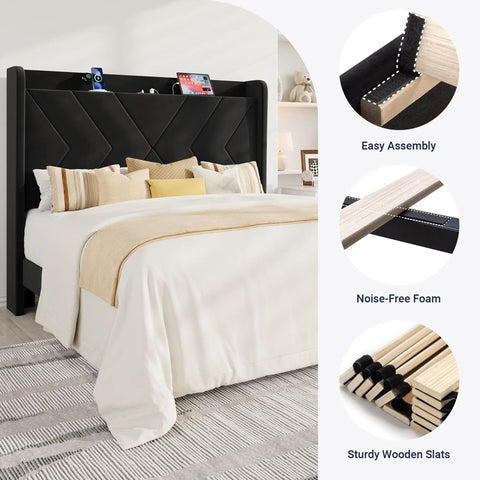 Straight Up Comfortable Full Bed Frame With Built In Charging Station And Storage Shelf Sleek Black Velvet Wingback Headboard close-up of headboard and slats