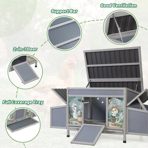 Diagram of the wooden chicken coop with nesting boxes and roosting bars, 59 inches, featuring ventilation, doors, and tray for ducks and rabbits.