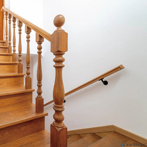 Heavy Duty Handrail Brackets For Stairs 3 Inch Black Metal Wall Mount supports on wooden staircase with railing.