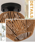 Close-up of Boho Rattan Ceiling Light Fixture with Handwoven Cage Shade showing black base and natural abaca rope