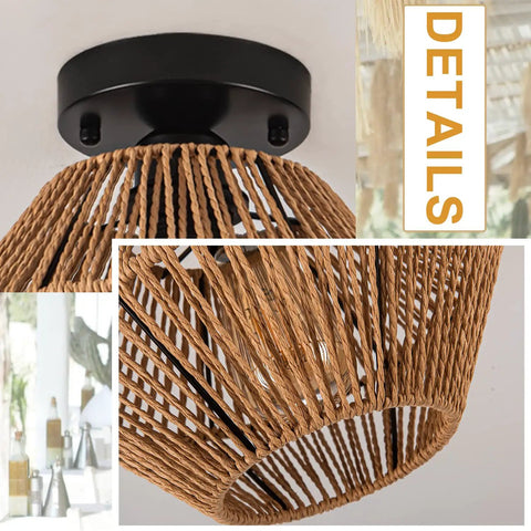 Close-up of Boho Rattan Ceiling Light Fixture with Handwoven Cage Shade showing black base and natural abaca rope