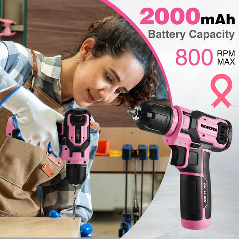Woman using Pink Cordless Drill Set 8V Impact Drill Driver With 53 Piece Bit Kit 2.0Ah Battery Three Eighths Inch Keyless Chuck