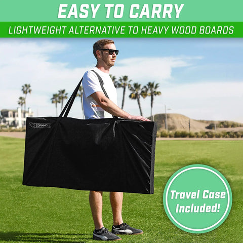 Man carrying American Flag Regulation Size Cornhole Set With 2 Regulation Boards 8 Bags Carry Case And Rules For Backyard Tailgates