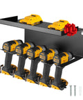 Power Tool Organizer For Shop And Garage Heavy Duty Wall Mounted Rack With Storage And Five Drill Slots, black steel installation.