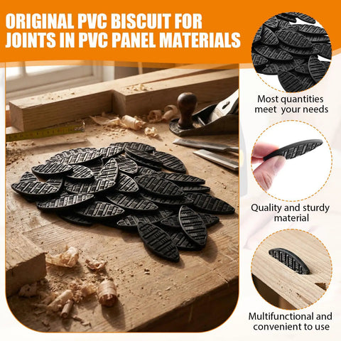 Budget-Friendly Biscuit Joiner Kit with 100-piece durable plastic joining biscuits on a woodworking table
