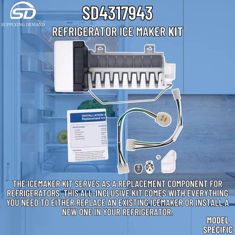 W10632400 4317943 Refrigerator Ice Maker Replacement Kit Direct Fit displayed in front of fridge with wiring harness and manual