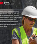 Worker wearing Solus 1000 Safety Glasses with Scotchgard Anti Fog Coating, gray lenses, green black frame, padded temples.
