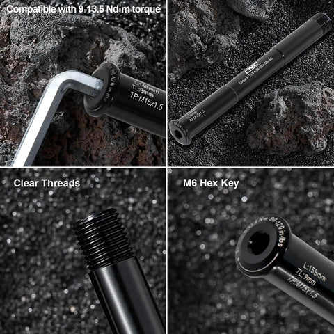 Front Thru Axle Set 15x100mm And 15x110mm Boost For RockShox Forks Aluminum Alloy with hex key and thread details