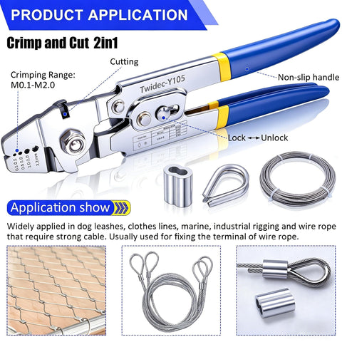 Beefy Heavy Duty Wire Rope Crimping Tool Up To 2.2mm Swaging Kit with 160 Aluminum Crimp Loop Sleeves and 66 Ft 1/16 Inch Stainless Steel Wire