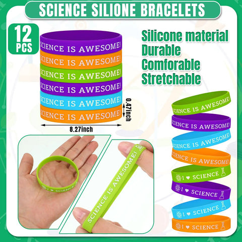 Science Party Favor Bundle With Drawstring Bags, Silicone Bracelets, Pins And Stickers, 86 Piece Scientist Birthday Decor Set includes colorful silicone bracelets with 'Science is Awesome' text.