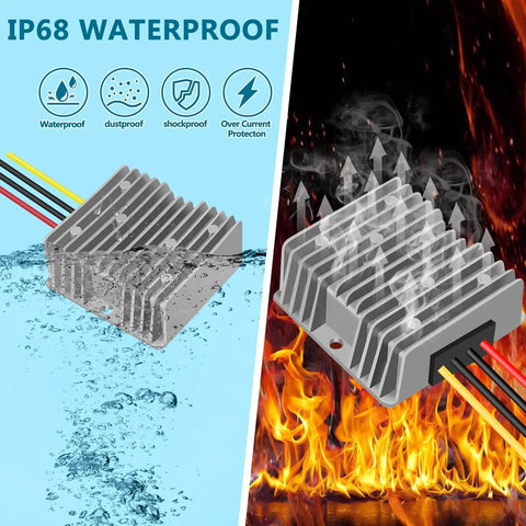 Beefy 12V To 24V DC Boost Converter Module, 15A 360W Waterproof IP67 Power Supply in water and fire testing scenarios
