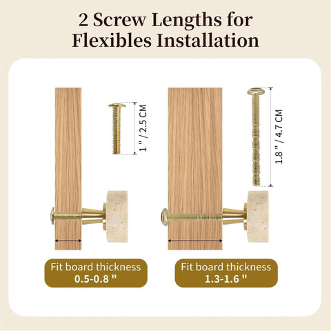 Set Of Six Natural Stone Cabinet Knobs And Round Marble Drawer Pulls With Solid Brass Base For Kitchen Cabinets And Bathroom Vanities Adding Swanky Charm That Is Built Like A Tank And Feels Dead Legit showing two screw lengths for installation with specifications.