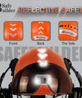 Reflective orange safety helmet with visor and Bluetooth earmuffs, showing front, back, and side views with reflective safety features.