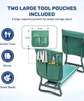 Foldable Garden Kneeler And Seat With Soft EVA Foam Pad Heavy Duty Steel Frame Portable Kneeling Bench For Gardening Camping And Fishing Includes Two Tool Pouches Green with tools in pockets.