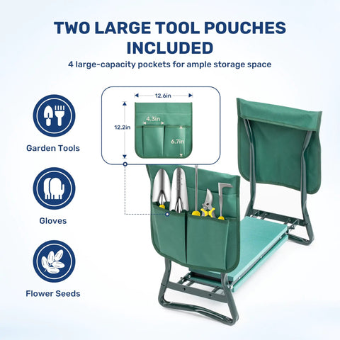 Foldable Garden Kneeler And Seat With Soft EVA Foam Pad Heavy Duty Steel Frame Portable Kneeling Bench For Gardening Camping And Fishing Includes Two Tool Pouches Green with tools in pockets.