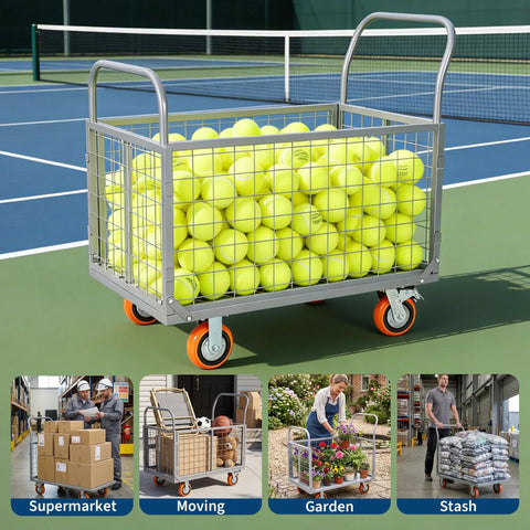 Heavy-Duty 1800 Lb 6-In-1 Foldable Platform Cart With Cage on tennis court filled with tennis balls, 360 degree wheels visible.