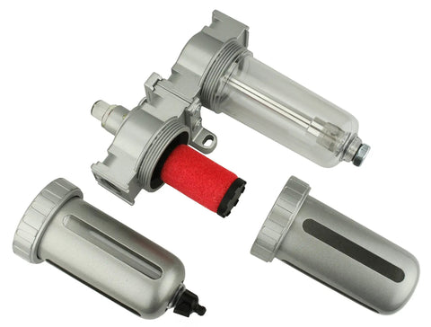 Three Eighths Inch Inline Air Filter And Desiccant Dryer Combo For Spray Guns And Paint Booths, 0.01 Micron Purifier shown with parts