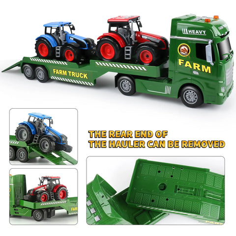 3 In 1 Toddler Farm Truck Set With Large Flatbed Semi Truck Includes Two Tractors Flashing Lights Horn Sounds Inertial Power