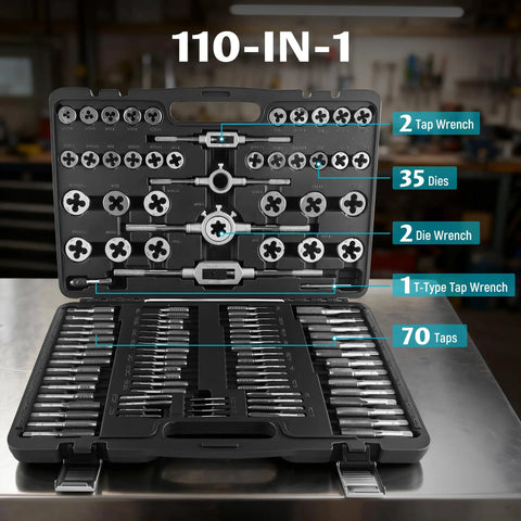 Open case of Pro Grade Gear 110 Piece Tap And Die Set For Metric Threading M2 To M18 with organized taps, dies, and wrenches visible.