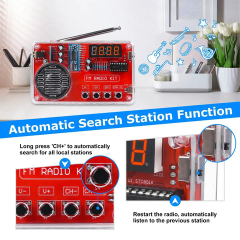 FM Radio Soldering Practice Kit With LED Display And Auto Station Search, front view with red acrylic case.