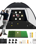 Man practicing with 10x7 Foot Practice Golf Net Kit With Tri Turf Mat Balls Tee Carry Bag And All In One Training Aid For Outdoor And Indoor Chipping And Driving Ideal Gift For Men And Golf Enthusiasts