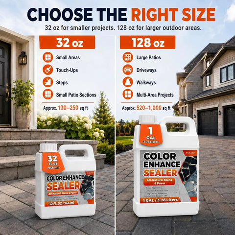 One Gallon Premium Wet Look Stone And Concrete Sealer shown in two sizes for various outdoor projects. Perfect for patios and walkways.
