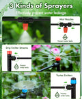 Image of All In One Drip Irrigation Kit For Garden And Greenhouse showing mist nozzles, drip emitter streams, and vortex emitters.