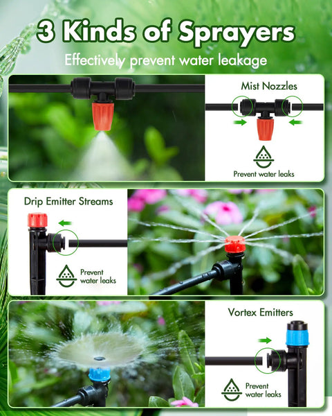 Image of All In One Drip Irrigation Kit For Garden And Greenhouse showing mist nozzles, drip emitter streams, and vortex emitters.