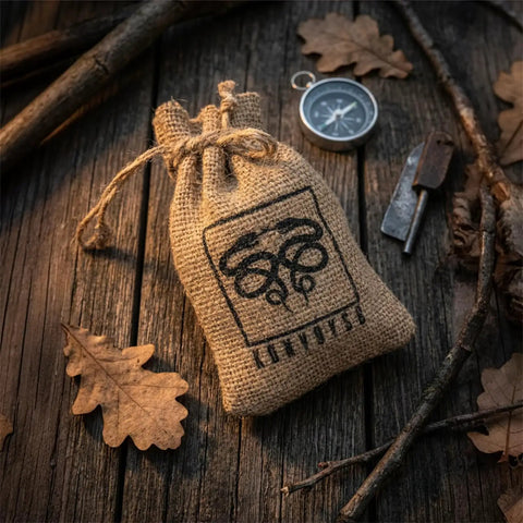 English Flint Fire Starter Kit With Two Large UK Flint Stones And Emergency Jute Tinder Bag for bushcraft on wooden surface