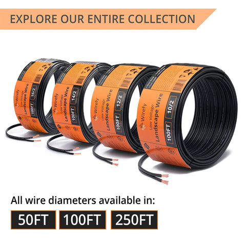 Four rolls of 12/2 Low Voltage Landscape Wire 50 Ft Pure Copper Conductor Outdoor Direct Burial Cable with labels showing lengths: 50ft, 100ft, 250ft.