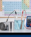 Two Rolls Of Pure Zinc Plate Sheets For Fruit Battery Experiments, Science Kits, And Classroom Chemistry Labs, Stable Voltage Output, Easy Assembly Zinc Anode Material For Educational Projects. Zinc sheets in fruit battery setup with multimeter