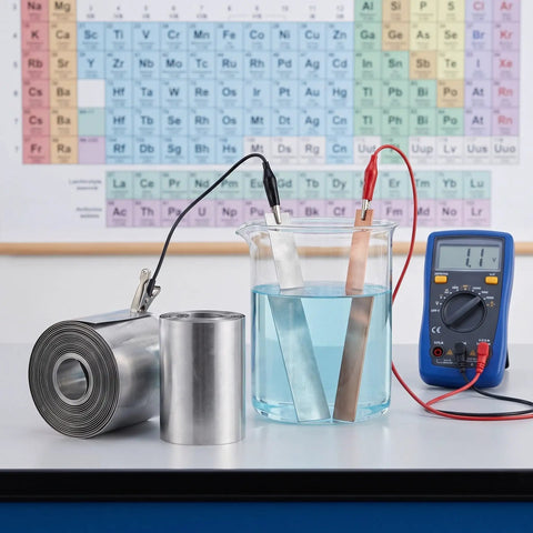 Two Rolls Of Pure Zinc Plate Sheets For Fruit Battery Experiments, Science Kits, And Classroom Chemistry Labs, Stable Voltage Output, Easy Assembly Zinc Anode Material For Educational Projects. Zinc sheets in fruit battery setup with multimeter