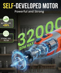 Power Packed 12V Cordless Rotary Tool Kit With Brushless Motor And LCD Display, showcasing 32000 RPM variable speed capabilities.