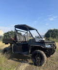 Side view of rugged 1000cc off-road UTV in grass for construction and farm work, heavy duty utility vehicle for agriculture.