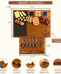 Personalized Acacia Wood Charcuterie Board Set With Heavy Duty Stainless Steel Knives - Custom Engraved Cheese Board Tray For Weddings Housewarmings showing dimensions and features.
