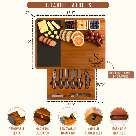 Personalized Acacia Wood Charcuterie Board Set With Heavy Duty Stainless Steel Knives - Custom Engraved Cheese Board Tray For Weddings Housewarmings showing dimensions and features.