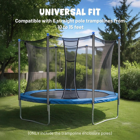 Upgrade Your Yard Game With These Universal Trampoline Replacement Enclosure Poles Set Of Six Straight Tubes And Heavy Duty Split Clamps For Ten To Fifteen Foot Nets in a backyard setting.