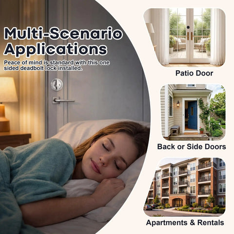 Keyless Deadbolt Lock With Double Plate And Satin Nickel Protecting Patios And Doors While Providing Slick Operation View of lock on door.
