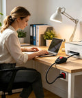 Heavy Duty Premium Weatherproof Extension Cord With 3 Prong Grounded Plug Indoor Outdoor Power Lead For Home And Backyard Gear Built Tough With Safe Copper Conductors Always Reliable connected to a laptop at a desk.