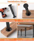 Installation steps for 4 Pcs Adjustable Metal Furniture Legs Set 3.15 to 4.72 Inches With Swivel Base, showing drilling and alignment process.