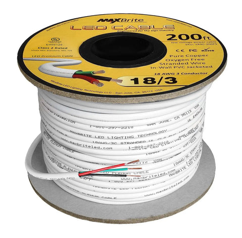 200 Ft 18 AWG Low Voltage LED Cable 3 Conductor White PVC Jacket In Wall Speaker Wire UL Class 2 Certified