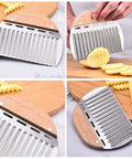 Crinkle cutter with wooden handle and stainless steel blade, shown from multiple angles slicing potatoes into wavy fries.