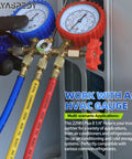 HVAC manifold hose set with three 72-inch low-loss refrigerant hoses (blue, yellow, red) and brass gauge manifold.